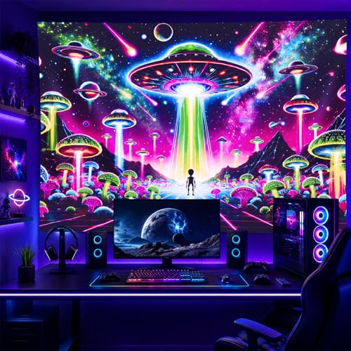 Blacklight Tapestry Alien UFO Neon Decor 78 x 59 Inch