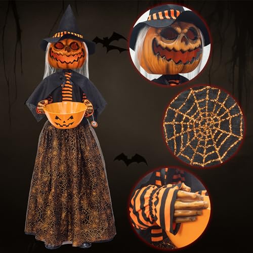4.5ft Animated Pumpkin Scarecrow with Candy Bowl Prop Pumpkin Halloween Decorations for Trick or Treat Sound Activated with Lights and Singing