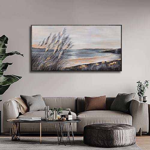Ocean Wall Art Grey and Black Wall Decor Framed art Aesthetic Coastal Canvas Painting for Living Room Bedroom Dining Room Office Home Decor 24x48 Inch