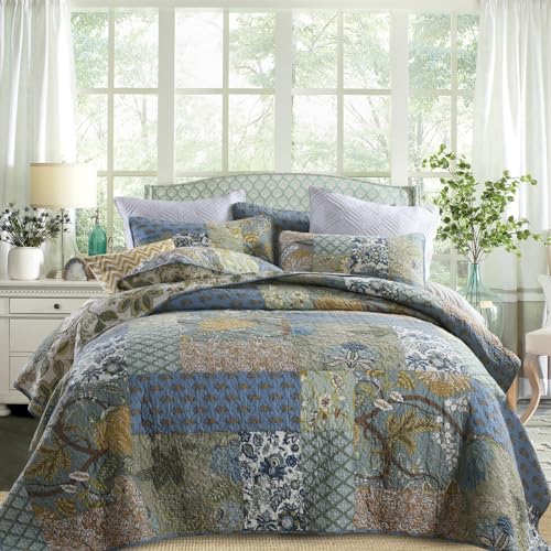 Quilt Set King Bedspread Reversible Green Farmhouse Garden Coverlet Real Patchwork Quilt Set for All Seasons with Pillowcases