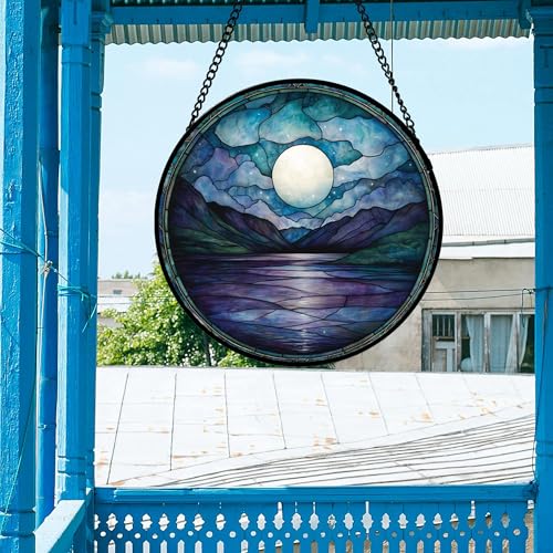 Blue Moon Lake Stained Glass Window Hanging Suncatcher Gift for Women 15"