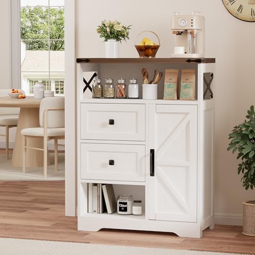 Farmhouse Buffet Sideboard Cabinet with 2 Drawers and Open Shelf