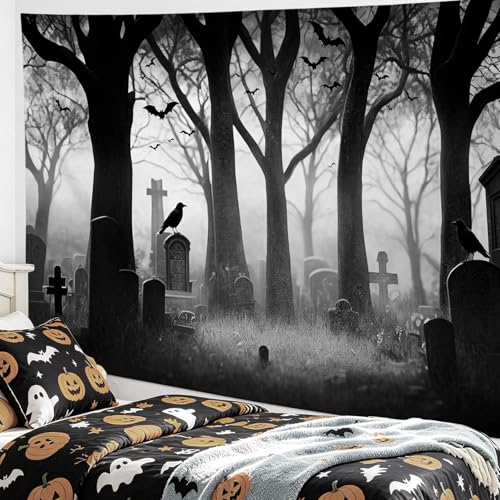 Spooky Halloween Cemetery Tapestry Scary Tombstone with Dead Trees Forest Tapestry Wall Hanging Horror Ghost Party Background Tapestry for Bedroom Living Room Dorm 59Wx51L Inches