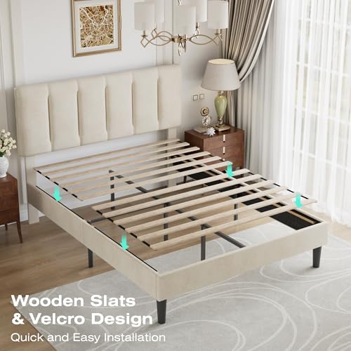 Queen Size Bed Frame with Upholstered Headboard
