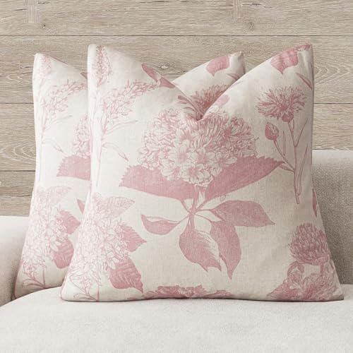 Set of 2 Linen Floral Throw Pillow Covers Neutral Vintage Print Decorative Cozy Cushion Covers Farmhouse Boho Home Decor for Sofa Chair Couch Bedroom Living Room