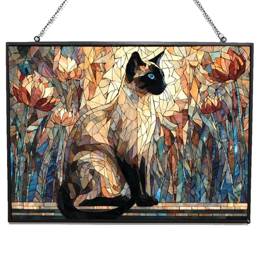 Rectangle Mosaic Siamese Cat On Windowsill Stained Glass Window Hanging Sun Catcher Halloween Haning Ornament Decoration Christmas Birthday Gifts for Lover