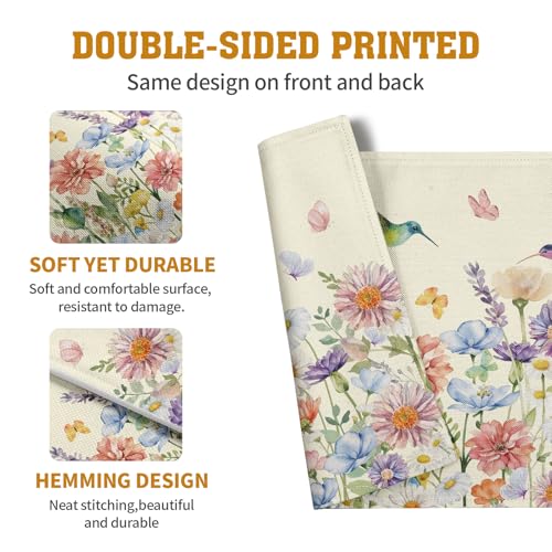 Flowers Bird Spring Summer Placemats Set of 4 Watercolor Floral Hummingbird Butterfly Place Mats 12x18 Inch Wildflowers Grass Seasonal Farmhouse Linen Table Mat for Kitchen Dining Decor (4 Count)