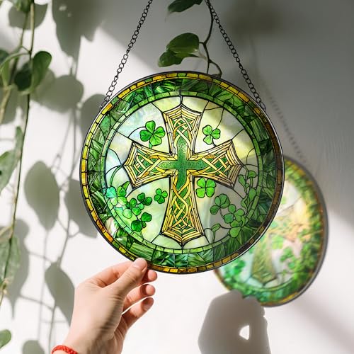 8'' St. Patrick's Day Cross Stained Glass Suncatcher Ornament