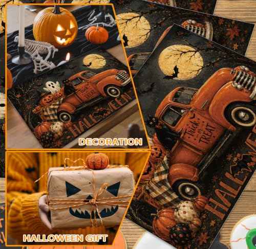 Halloween Placemats Set of 4 Vintage Truck Pumpkin Linen Table Mats 18x12 (4 Count)