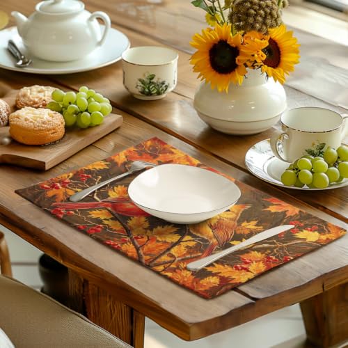 Maple Leaf Birds Fall Placemats Set of 4 Rustic Autumn Colored Maple Forest Tree Place Mat Seasonal Thanksgiving Harvest Table Mats for Party Kitchen Dining Outdoor Indoor Decor (4 Count)