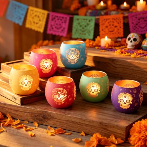 Day of Dead Skull Glass Votive Candle Holders for Indoor Halloween Decor (4 Count)