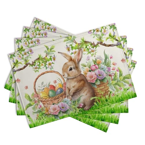 Easter Rabbit Placemats Set of 4 Spring Easter Egg Bunny Flowers Floral Place Mat 12x18 Inch Seasonal Farmhouse Linen Fabric Table Mats for Kitchen Dining Outdoor Indoor Easter Party Decoration
