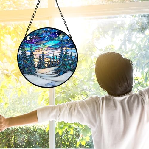 Aurora Winter Forest Stained Glass Window Hanging Suncatcher Gifts 12"
