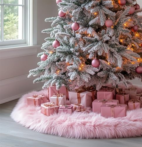 72 Inch Faux Fur Christmas Tree Skirt Pink Plush Skirt for Merry Christmas Party Christmas Tree Decoration
