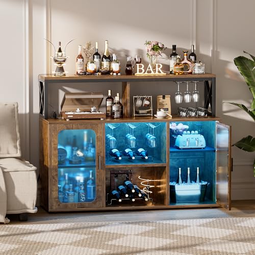 Bar Cabinet with LED Lights & Power Outlets