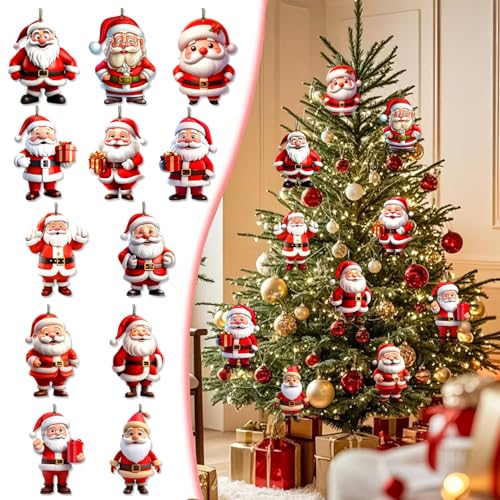 12Pcs Christmas Ornaments Plane Acrylic Cute Santa Claus Xmas Tree Hanging Decorations Plastic Pendant Ornaments for Xmas Tree Accessories Party DIY Decor