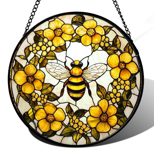 Bee Wreath Stained Glass Window Hanging Suncatcher Gifts for Women 6.3"