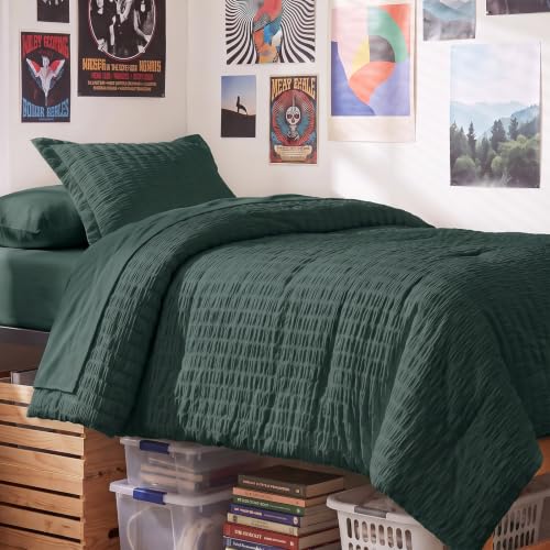 Twin XL Comforter Set 5 Pieces Forest Green Seersucker Bed in a Bag