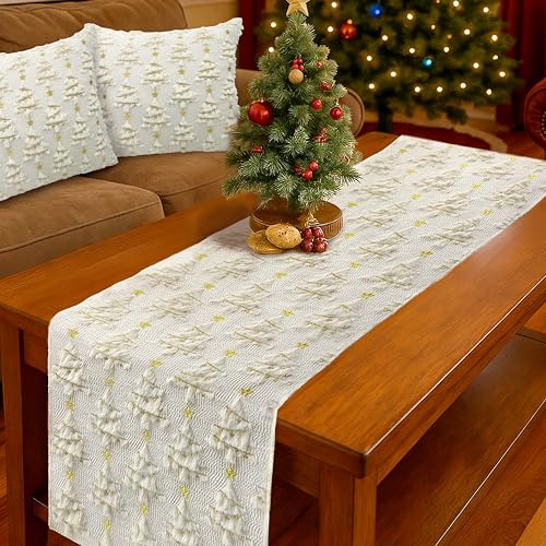 Christmas Table Runner Christmas Trees Beige Soft Plush Faux Fur 13x72 Inch (6.5 Sq Ft)