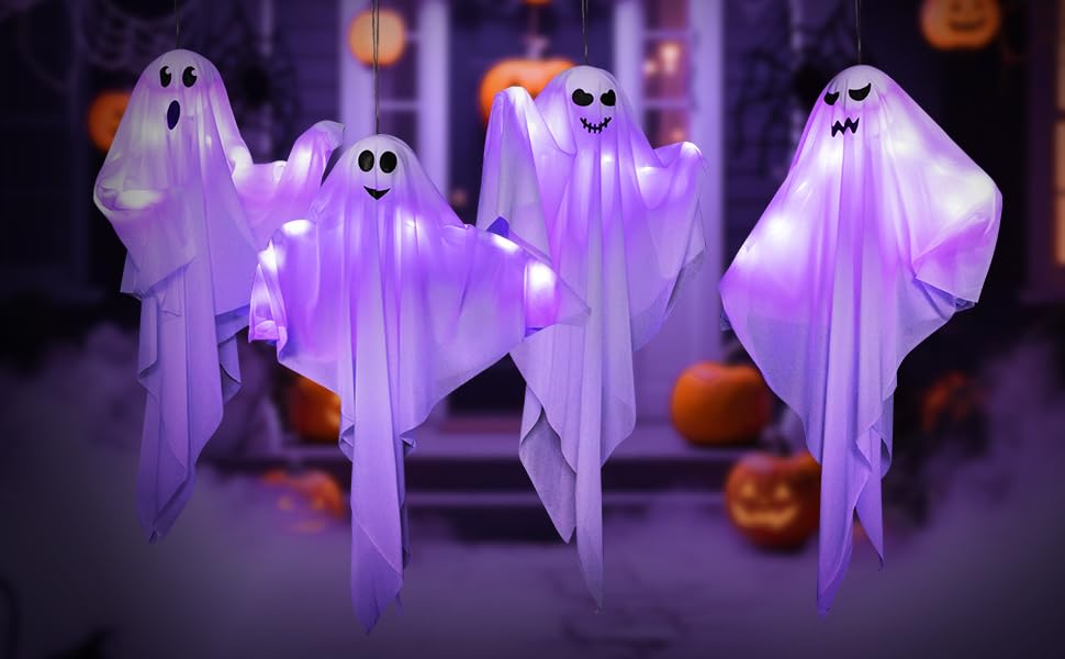 4 Pack Halloween Hanging Ghosts with LED Lights (4 Count)