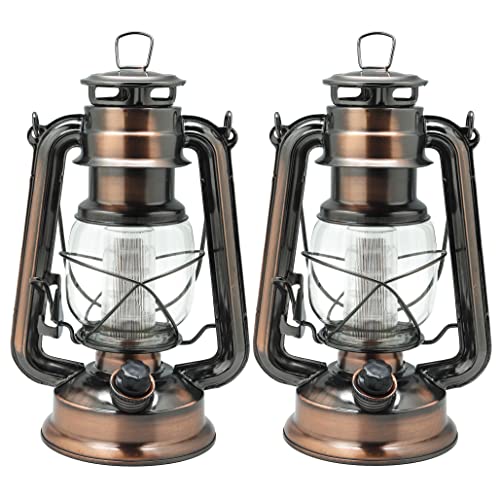 LED Vintage Lantern Metal Hanging Hurricane 12 LED Dimmer Switch Cold White Battery Operated Power Outage Indoor Camping Lighting Outdoor Brooklyn (2 Count)