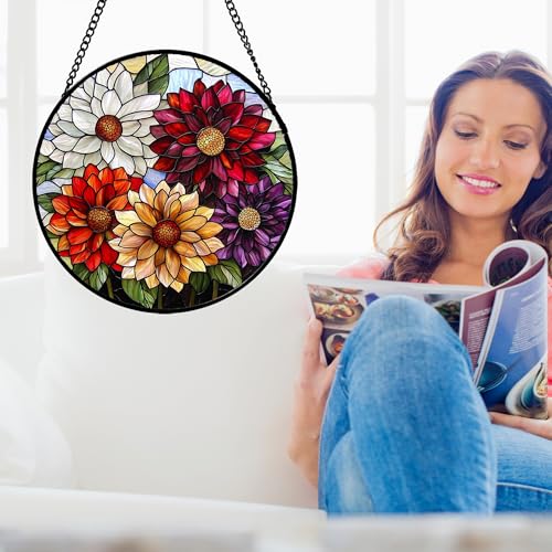 Stained Glass Window Hanging Color Dahlia Suncatcher Gifts for Women 7.8"