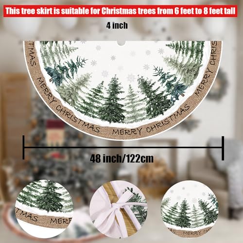 Christmas Tree Skirt 48 Inch Pine Trees Snowy Forest Christmas Tree Skirt Collar for Farmhouse Vintage Rustic Merry Christmas Xmas Winter Holiday Party Decoration