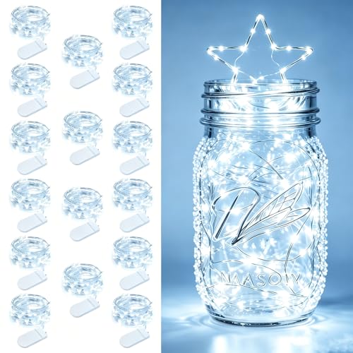 16 Pack Fairy Lights Battery Operated 7ft 20 LED String Lights Mini Twinkle Lights Silver Wire Firefly Starry Lights for DIY Mason Jar Wedding Centerpiece Table Party Christmas Decorations (16 Count)