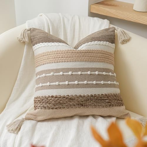Boho Decorative Throw Pillow Cover 22x22 Square Brown Accent Pillowcase Tassels Farmhouse Cushion for Couch Sofa Bedroom Livingroom Home Décor Cover ONLY