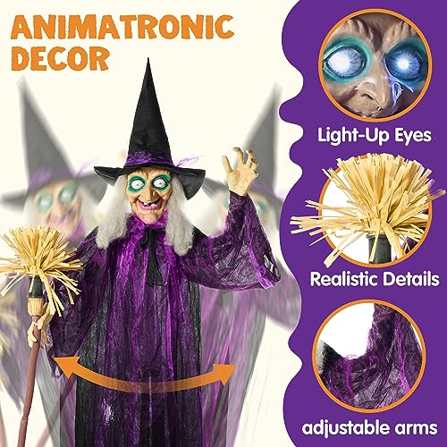 72" Outdoor Halloween Decorations Witch Life Size Animated with LED Eyes and Creepy Sound (Purple)