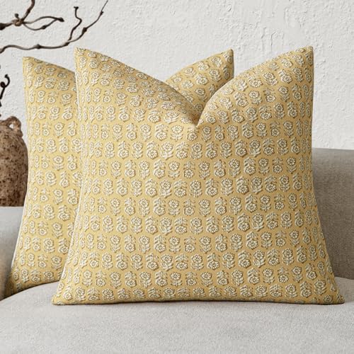 Decorative Floral Print Throw Pillow Covers 18×18 Light Yellow (2 Count)