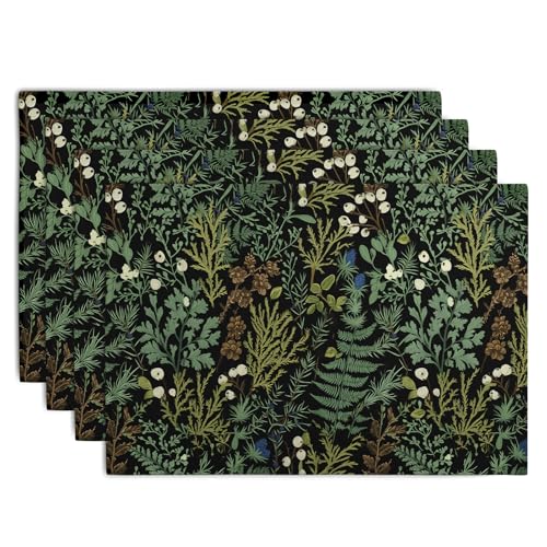 Black Sage Green Leaves Placemats Set of 4 Vintage Botanical Fern Leaf Floral Place Mats Farmhouse Heat Resistant Washable Kitchen Dining Linen Table Mats for Home Party Decor 12x18 Inch (4 Count)
