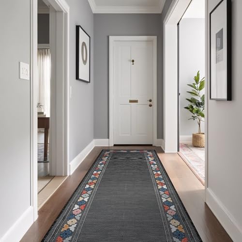 Outdoor Runner Rug 2x7 Modern Floral Bordered Area Rugs for Indoor and Outdoor Patio Easy to Clean Non Shedding Living Room Porch Garden Washable Outside Carpet (14.0625 Sq Ft)
