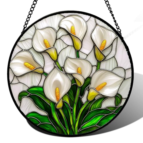 White Calla Lily Bouquet Stained Glass Window Hanging Suncatcher Gifts 15"