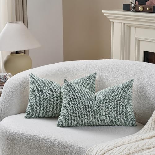 Striped Throw Pillow Covers 12x20 Set of 2 Green Textured Polyester Chic Morden Boho Accent Farmhouse Rectangular Lumbar Decorative Couch Pillow Covers for Home Decor Bed Sofa Living Room (2 Count)