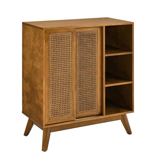 32" Mid Century Modern Rattan Sideboard Cabinet with 2 Sliding Doors