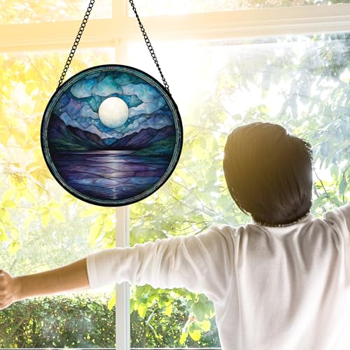 Blue Moon Lake Stained Glass Window Hanging Suncatcher Gift for Women 9.8"
