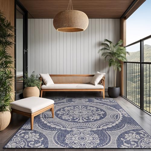Medallion Outdoor Rug 10x14 Washable Outside Carpet for Indoor Patio Porch Waterproof Easy Cleaning Non Shedding Area Rugs Blue 10 x 14