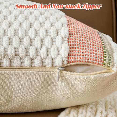 Set of 2 Chenille Striped Textured Boho Throw Pillow Covers Aesthetic with Tassels Woven Decorative Pillow Case for Couch Bed Sofa Bedroom Modern Funky 18 x 18 (2 Count)