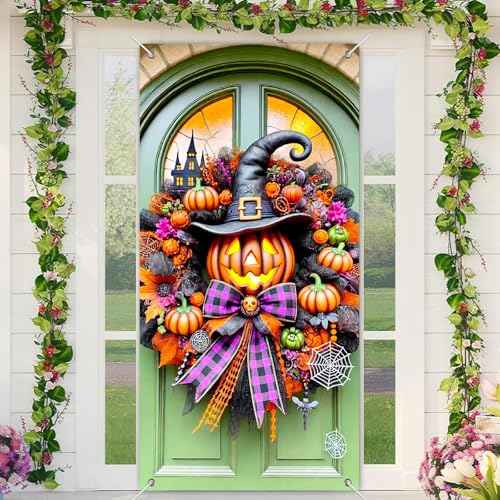 Halloween Door Cover Witch Hat Boo 35x71 Inch Polyester