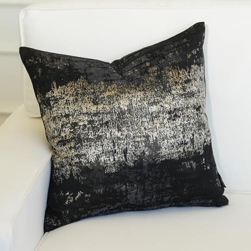 Black Champagne Metallic Jacquard Throw Pillow Cover 24x24 Velvet Back Modern Glam Sofa Decor