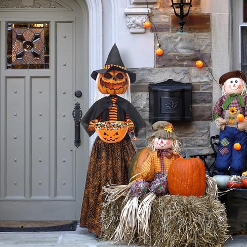 4.5ft Animated Pumpkin Scarecrow with Candy Bowl Prop Pumpkin Halloween Decorations for Trick or Treat Sound Activated with Lights and Singing
