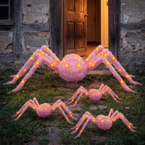 4 Pack Large Halloween Light up Spiders Decorations 4ft 2.9ft 2.4ft 2ft Black Fake Giant Light up Spider Bendable Outdoor Yard for Halloween Garden Party Decor (pink with orange light)