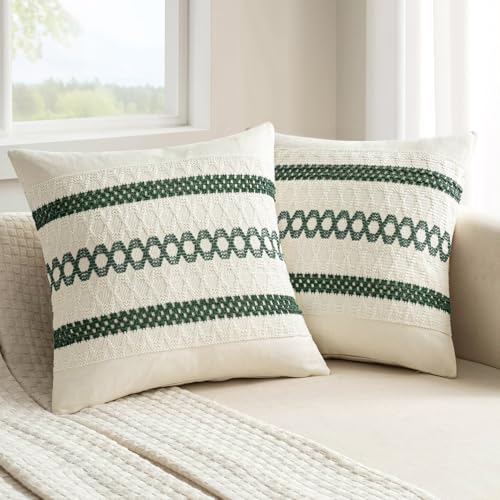 Set of 2 Dark Green Boho Christmas Decorative Pillow Covers 20x20 Inch (2 Count)