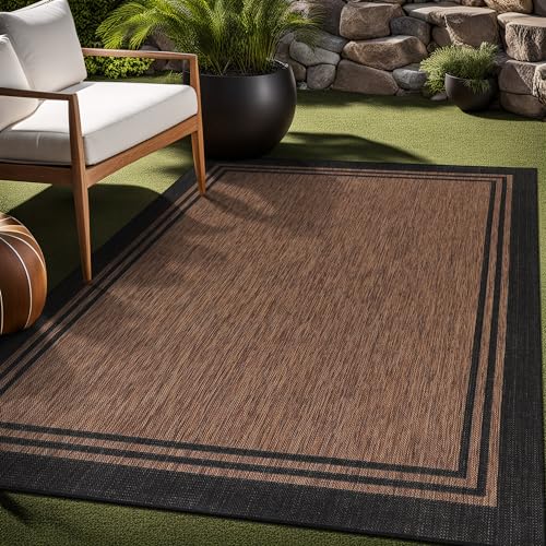 Bordered Outdoor Rug 9x12 Washable Outside Carpet for Indoor Patio Porch Waterproof Easy Cleaning Non Shedding Area Rugs Nut Brown 9 x 12