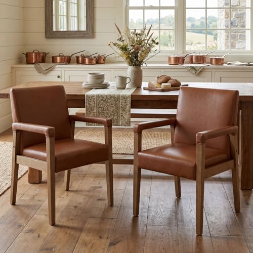 Modern Dining Chairs Set of 2 Faux Leather Kitchen Arm Chairs Upholstered Accent Chairs with Wooden Legs for Dining Room (2 Count)