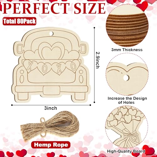 80PCS Wooden Heart Ornaments to Paint Valentine's Day Craft (80 Count)