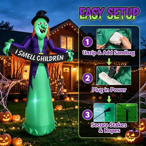8FT Halloween Inflatable Witch Decorations for Outdoor Yard with LED Lights (Greenish Purple)