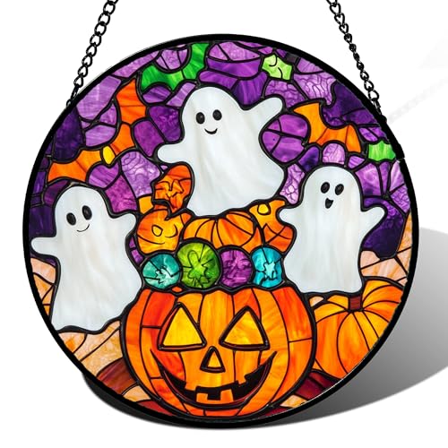 Stained Glass Window Hanging Halloween Horror Pumpkin White Ghost 15"