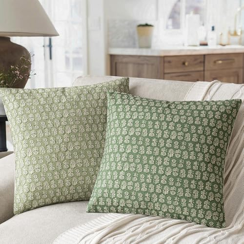 Decorative Floral Print Throw Pillow Covers 18×18 Forest Green (2 Count)